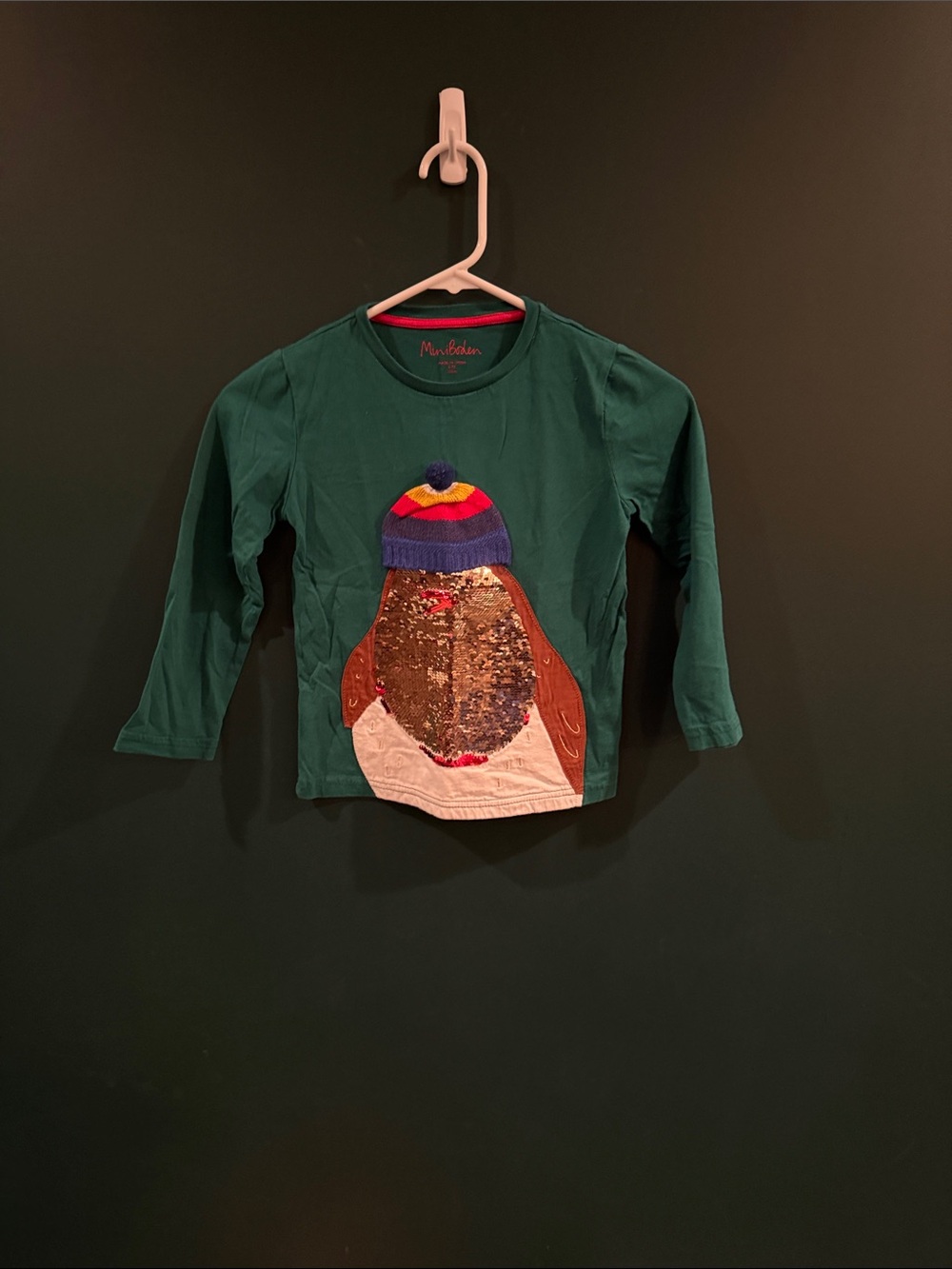 Mini Boden Boys Sequin Penguin Appliqué Shirt 6-7Y 122cm Green